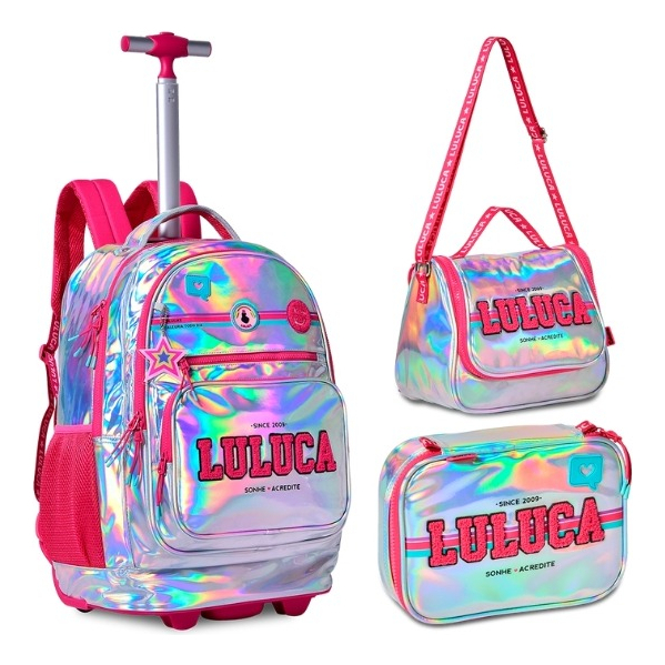 Kit Mochila Carrinho Luluca Escolar Feminina Estojo Lancheira Holografica Rodinha