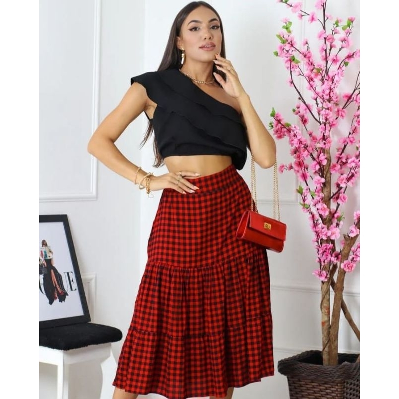 Três Marias Saia Xadrez Rodada Saia Com Babados Três Marias Midi