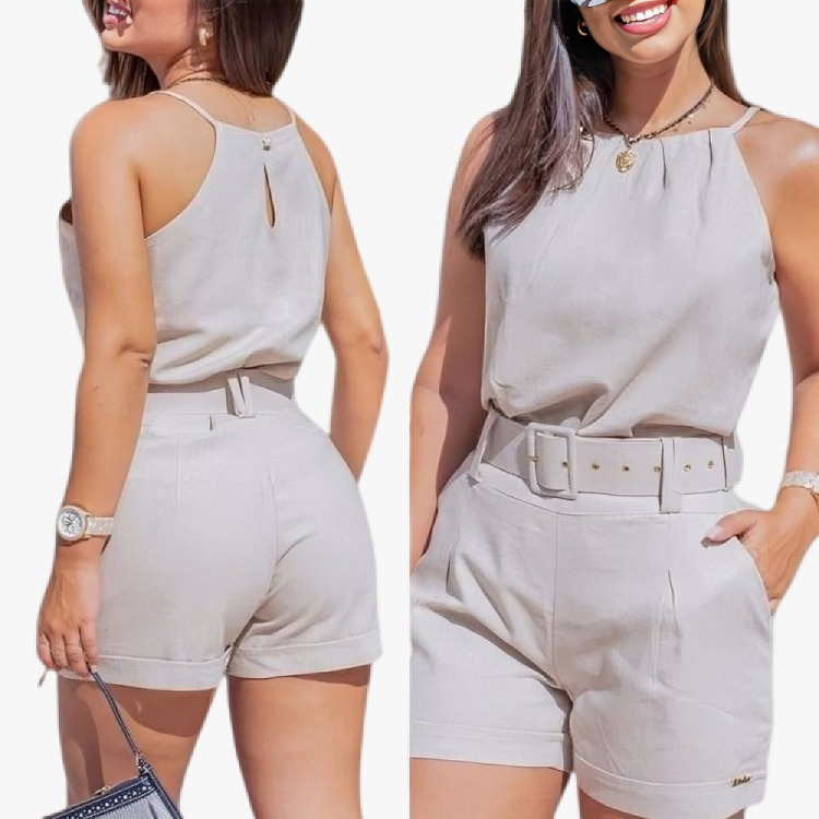 Conjunto Feminino Casual Blusa e Short Com Cinto Tecido Linho | Shopee ...