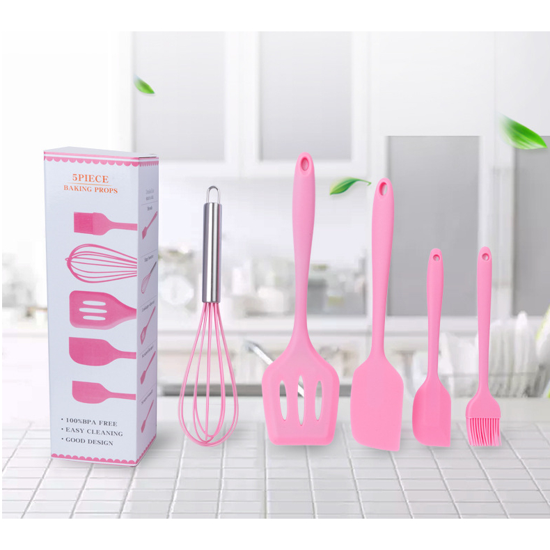 Kit 5 Utensilios de Cozinha Essencial de Silicone Espatula Pincel Batedor de Ovo/Bolo Colher Várias Cores atc