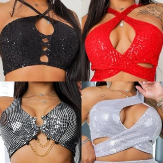 Cropped Top Festa Balada Paetê Brilho Preto, Prata, Branco, Vermelho