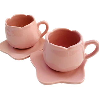 Jogo com 2 Xícaras e Pires para Chá Tulipa Rosa 200ml