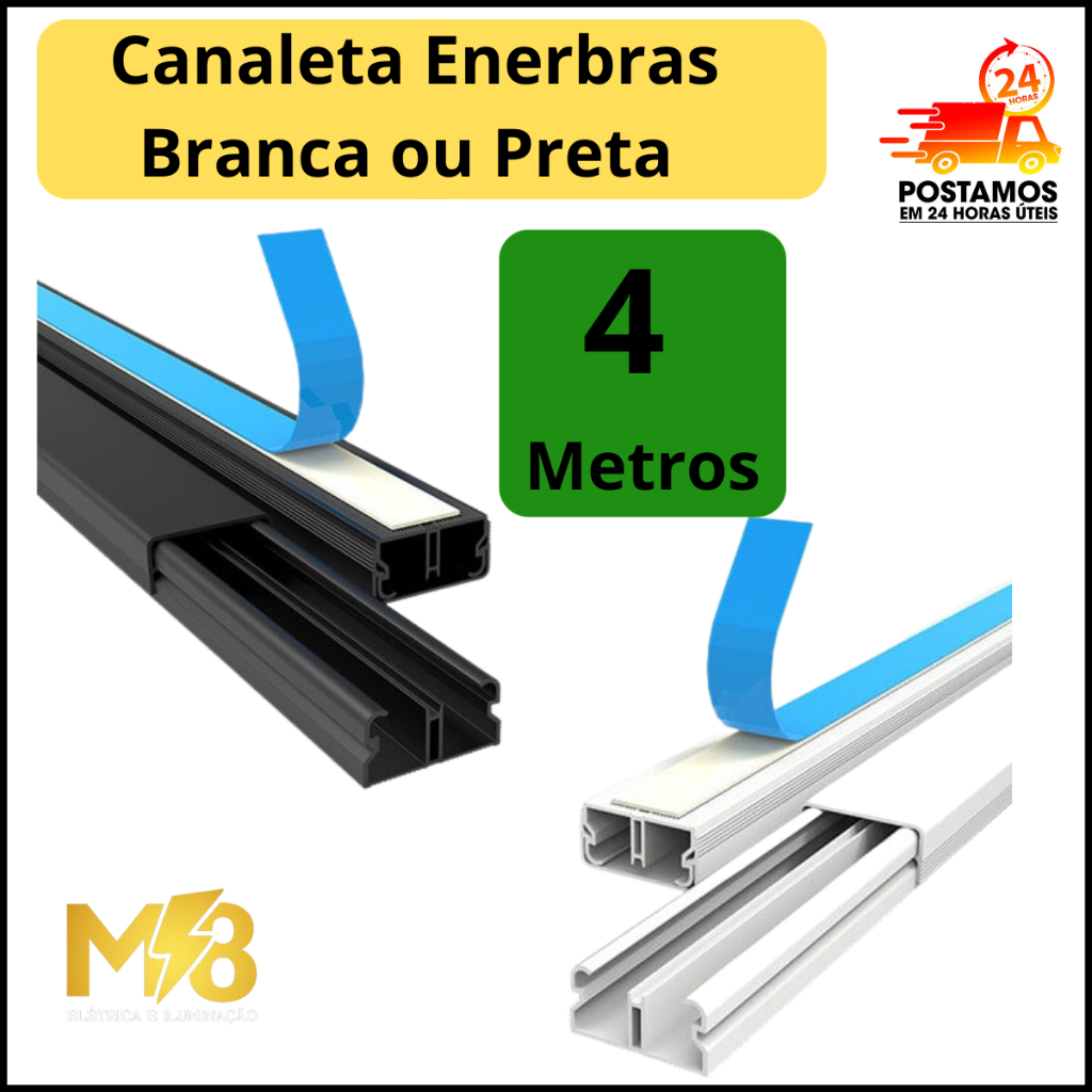 4 Metros Canaleta Organizador de Fios Preta Branca 20x10mm Sistema X Com Fita Adesiva e Divisoria