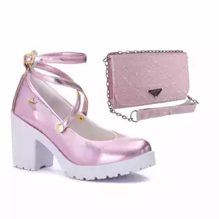 Kit Sandália Feminina Salto Tratorado e Bolsa Festa Blogueirinha Balada Rosa