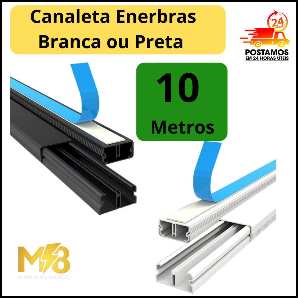 10 Metros Canaleta Organizador de Fios Preta Branca 20x10mm Sistema X Com Fita Adesiva e Divisoria Enerbras