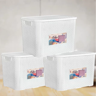 Kit 3 Caixas Organizadora Rattan 25 Litros Com Tampa Empilhável Resistente para Brinquedos Roupa