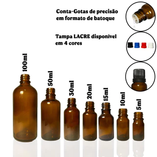 Frasco Conta gotas Âmbar kit 10 Unidades Batoque + tampa lacre
