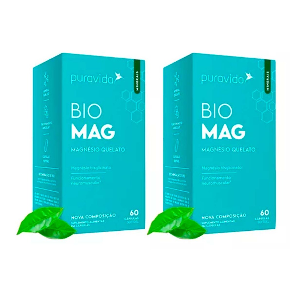 2x Bio Mag - Magnésio Quelato- Pura Vida - 60 Capsulas