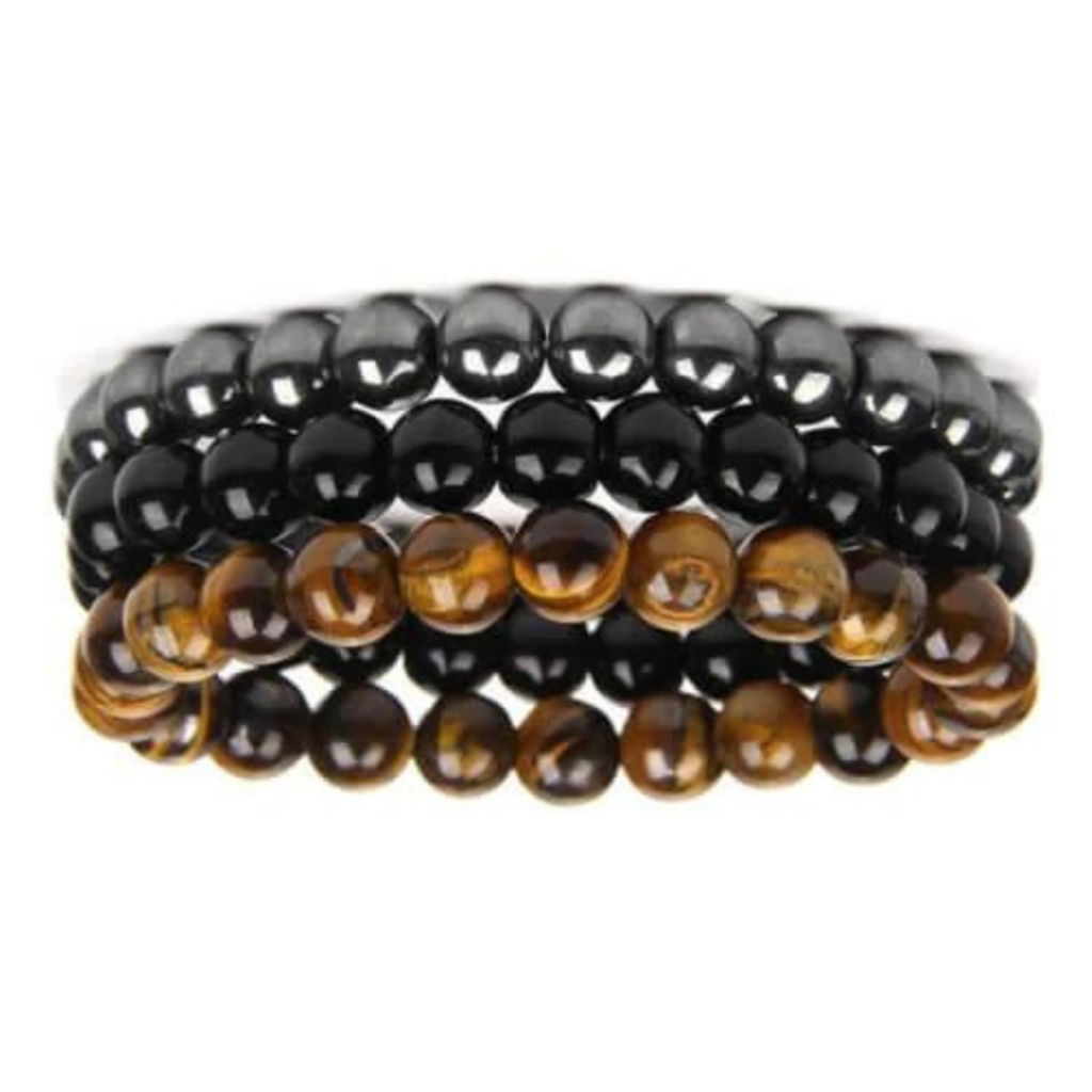 Kit 3 Pulseiras Pedras Naturais Hematita, Olho de Tigre e Obsidiana 8mm