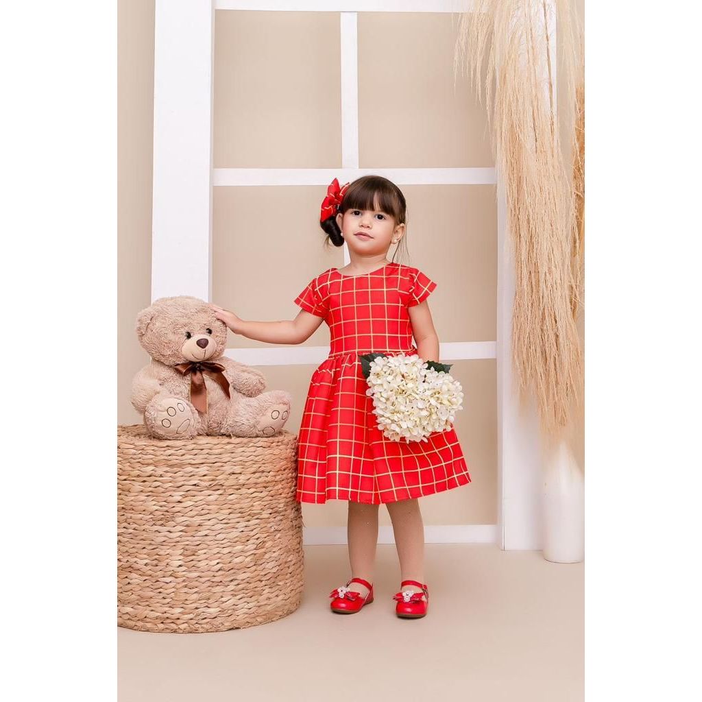Vestido Infantil Feminino Infanti Ursinhas Xadrez Vermelho Collab