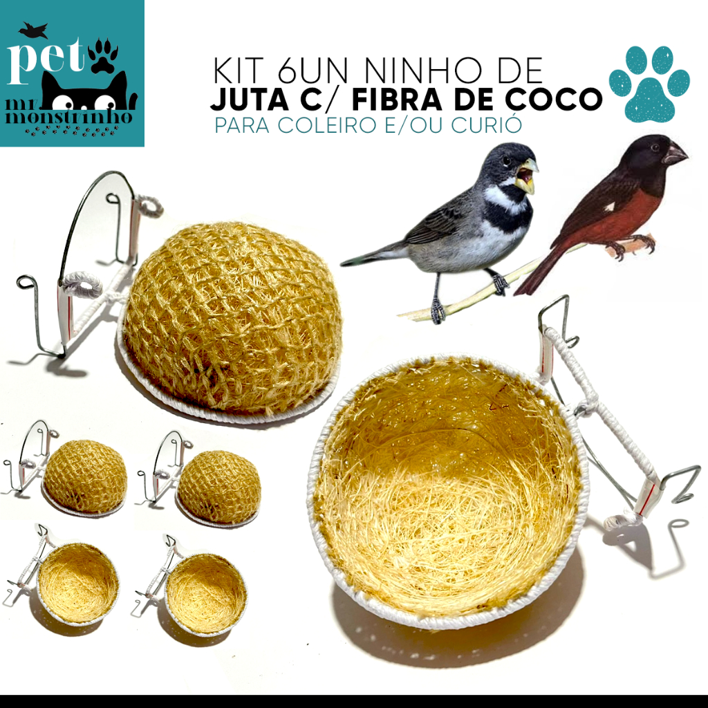 Kit 6 Ninhos Pássaro Coleiro Curió Fibra de Coco Juta - Meia-Taça