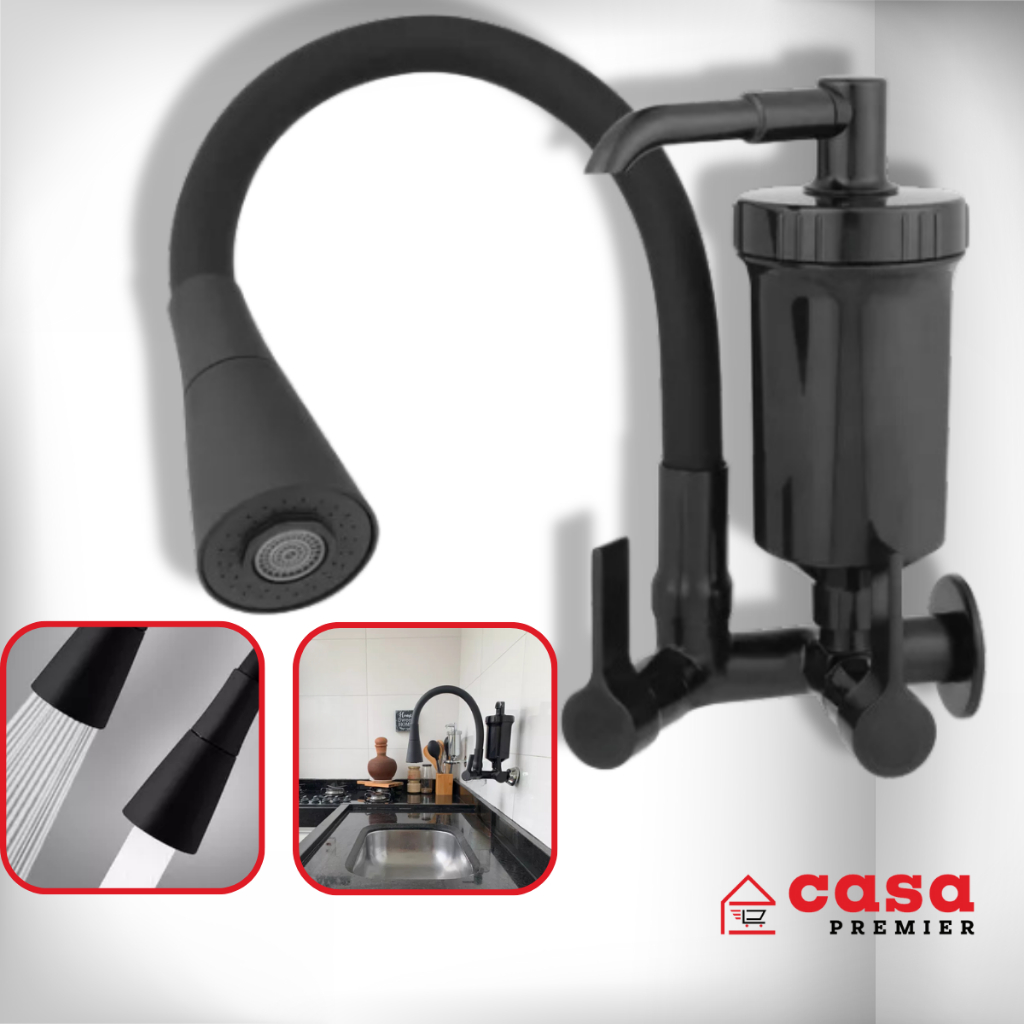 Torneira Cozinha Parede Com Filtro ABS Flexível Preta Gourmet Luxo All Black Metal