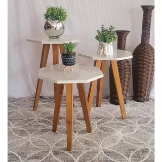 Trio Mesinhas Lateral GEOMETRICA na cor OFF WHITE Sala Pé trapezio Porta Objetos Decoração - B TT