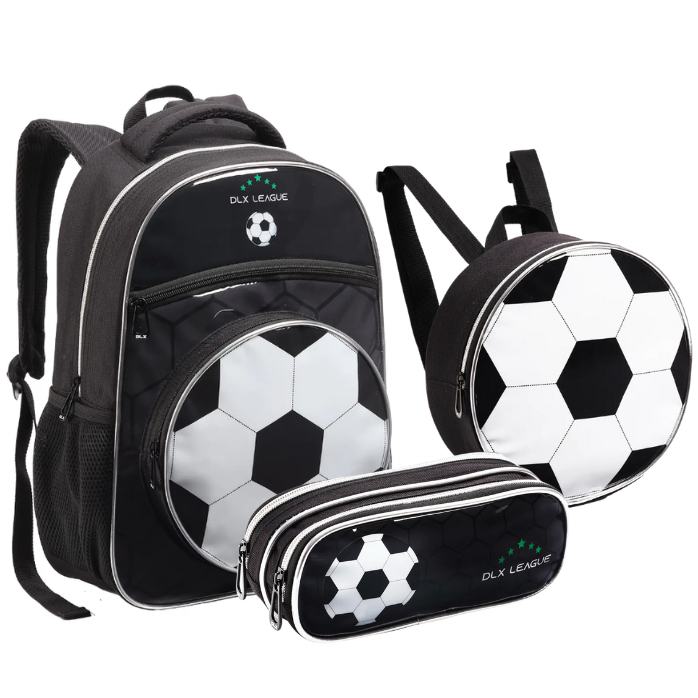 Kit Mochila + Lancheira Térmica + Estojo Bola de Futebol Masculina Infantil Escolar – Denlex