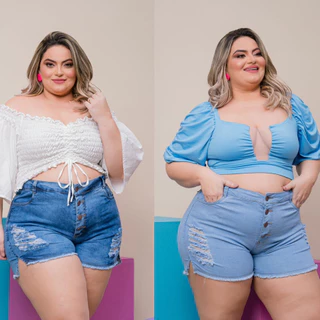 Kit 2 short jeans cintura alta com lycra plus size destroyed fechamento em botões