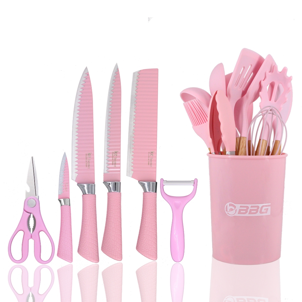 Kit 6 Facas inox e 12 Utensílios Cozinha Silicone Completo Cor Rosa