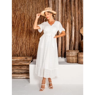 VESTIDO MIDI MANGA CURTA EM ALGODÃO TEXTURIZADO COM FORRO ELEGANTE
