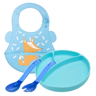 Kit Prato de Silicone 3 Divisórias C/ Ventosa Colher E Garfo Babador de Silicone Introdução Infantil