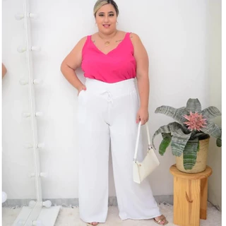 Calça Pantalona Plus Size Feminina Elástico Na Cintura Com Bolso Cintura Alta Tecido Duna com Forro