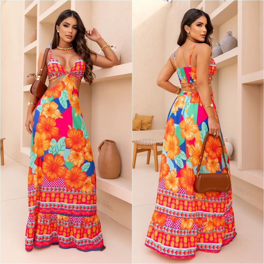 Vestido Longo Estampa Inspiração Farm laranja tropical florido