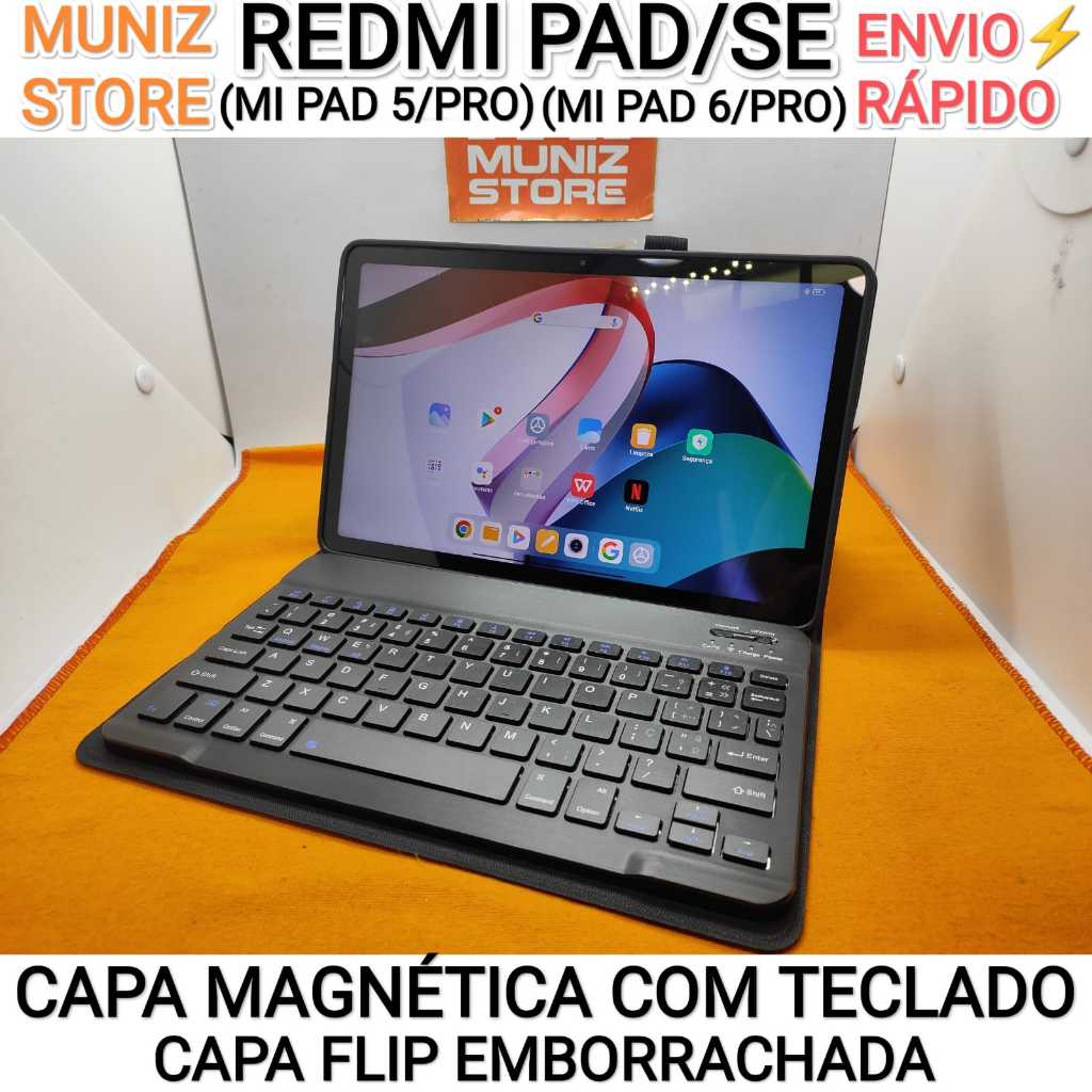 Capinha Case Teclado Flip Redmi Pad 10.6''/SE 11''/ Mi Pad 5/Pro/6/Pro Bluetooth Carteira, Mouse Wireless