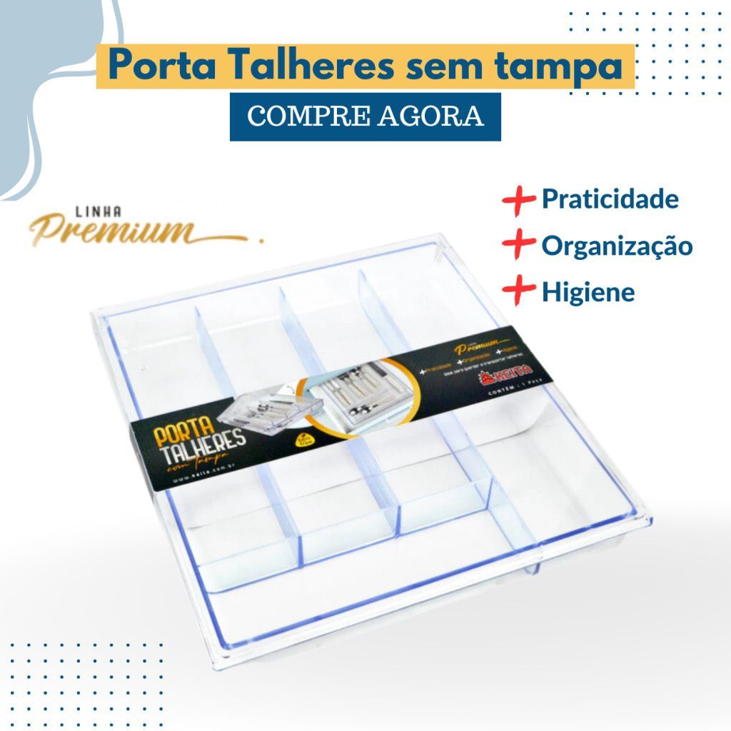 Porta Talheres Cristal Cinco Divisórias Transparente Resistente com Tampa