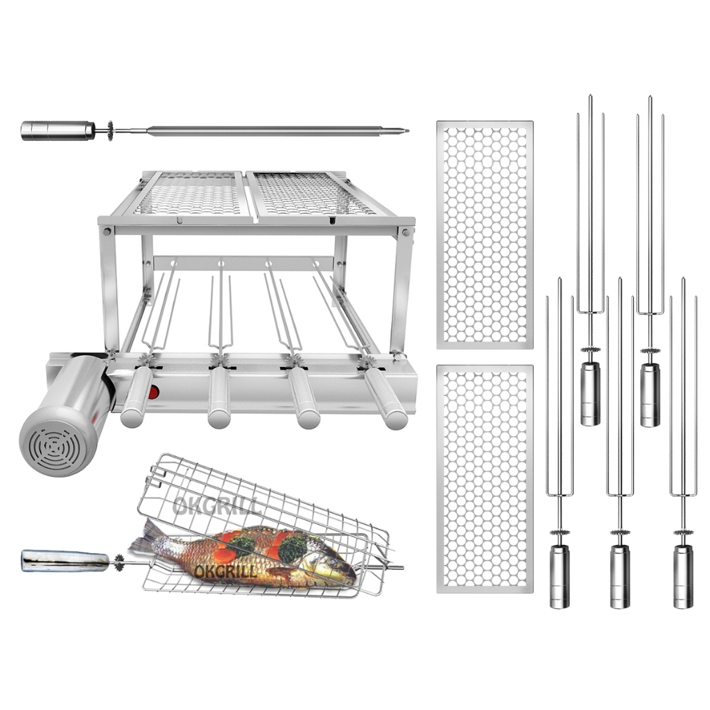 Gira Grill Churrasqueira 100% Inox - 4 Espetos Giratórios + 2 Grelhas Moedas + Grelha Giratória Peixe / Frango