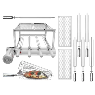 Gira Grill Churrasqueira Inox - 4 Espetos Giratórios + 2 Grelhas Moedas + Grelha Giratória Peixe e Frango
