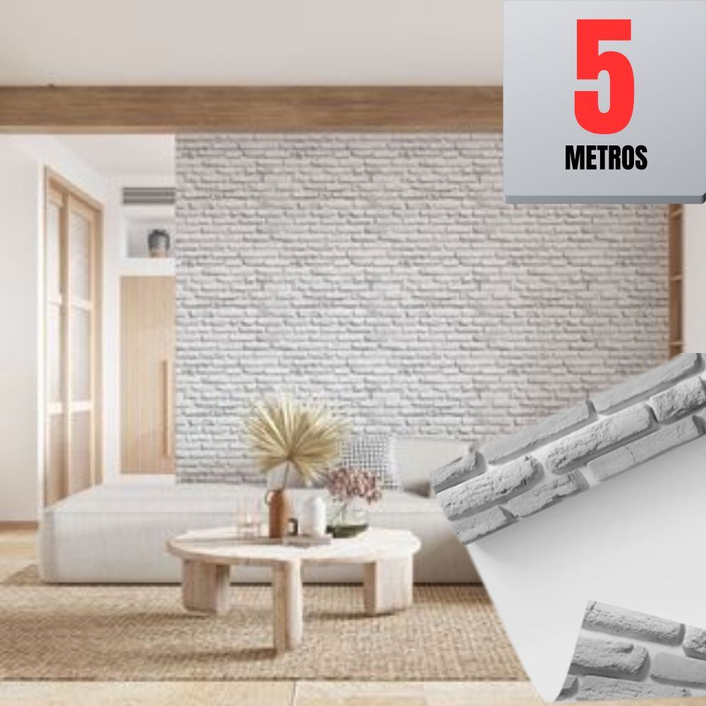 Papel de Parede Autoadesivo Premium 5 Metros Tijolinho Branco 3D Sala/Quarto 5m x 45cm