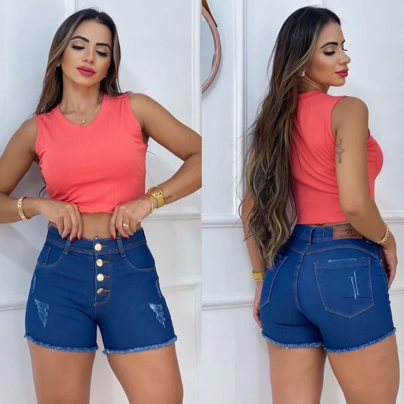 Short Feminino Jeans Com Lycra Cintura Alta Levanta Bumbum Pronta