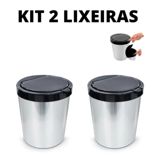 Kit 2 Lixeira Click Label de 10 Litros Plastico Cor Inox Redonda Cozinha Banheiro Tampa Click