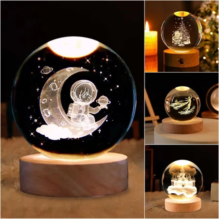 Mini Luminária Led Globo De Vidro 3D Com Cabo USB Com Base de Madeira LED Figuras