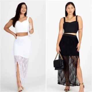 Conjuto Saia Longa E Cropped Com Renda Fenda Festa Reveillion
