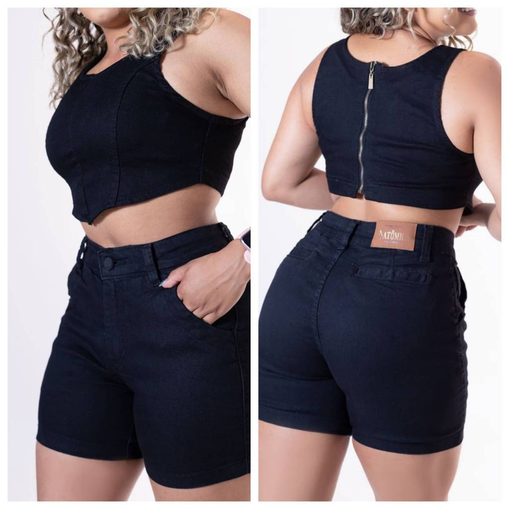 Conjunto All Black 2pç Cropped + Short Jeans Denim Premium Lycra