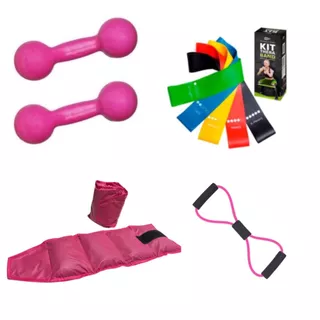 Halter 2 Kg Rosa + Caneleira 2 Kg Rosa + Kit Theraband+ Elástico Multifuncional em Oferta na Shopee