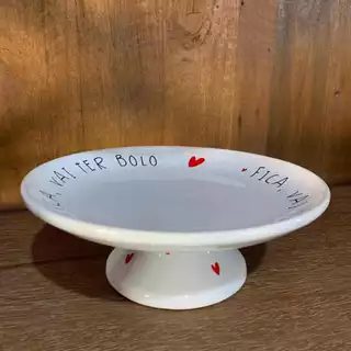 Prato de Bolo Com Pé, boleira Decorado, Medio 22 cm Frase Fica Vai Ter Bolo