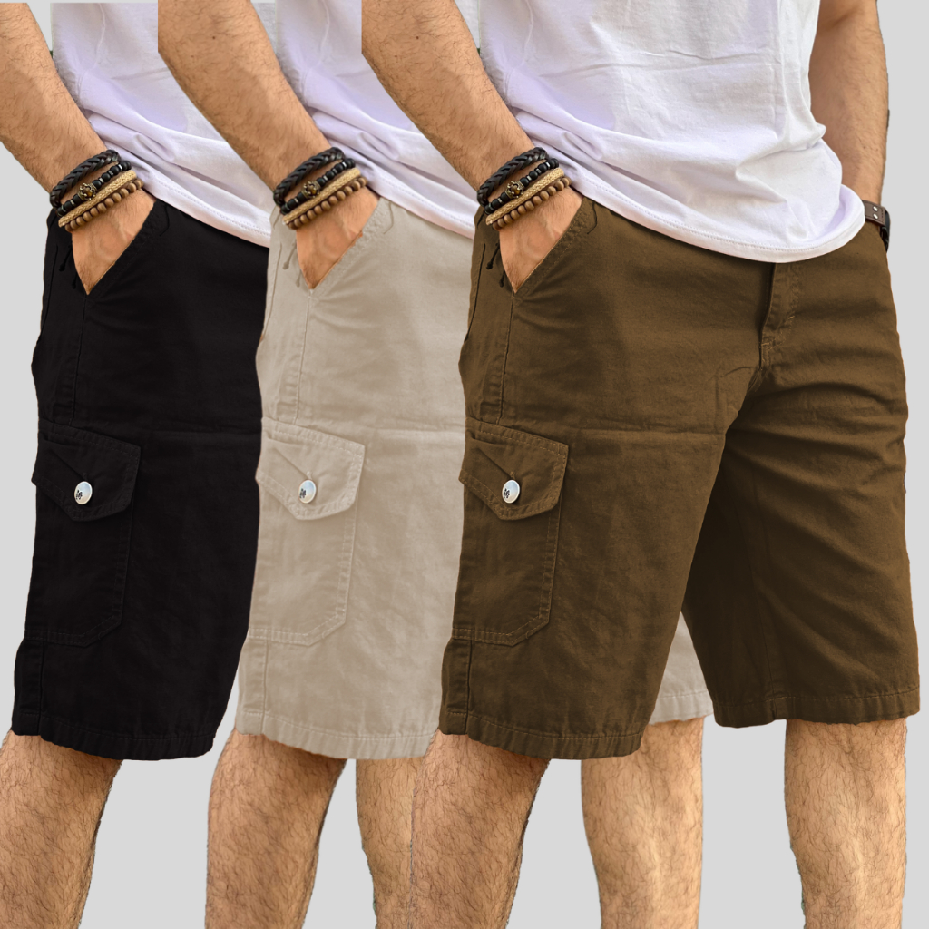 Kit 3 Bermuda Masculina Cargo Short Sarja 6 Bolsos Social