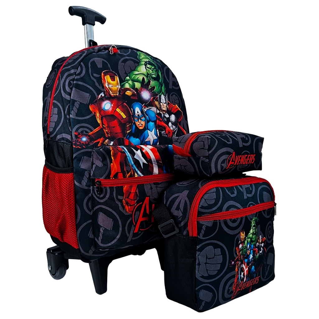 KIT MOCHILA ESCOLAR MENINO DE RODINHAS DOS VINGADORES MRVL