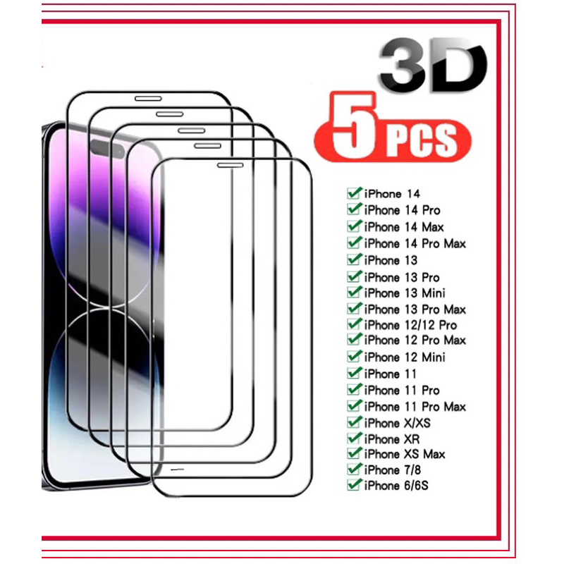 Kit 5 Película De Vidro Temperado 3D 9H Para iPhone 7/8 Plus Xs Xr 11 Pro Max 12 13 14 Pro Max