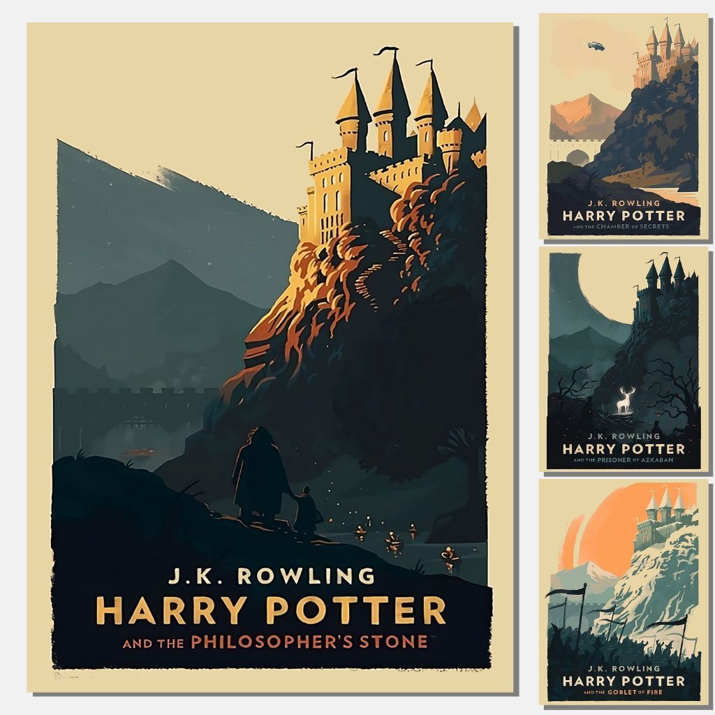Kit 7 Poster Retrô Harry Potter - Cartaz de Parede A4 - Títulos dos Livros - vintage pedra filosofal