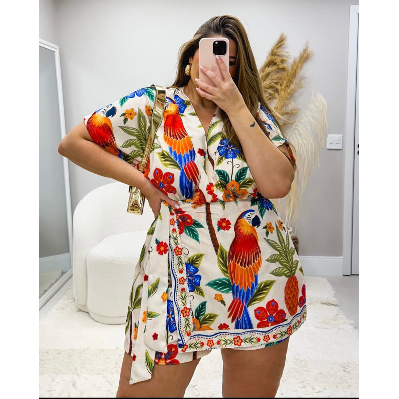 Conjunto Summer Body Plus Size Short e Cropped Bege Floral - Compre Agora