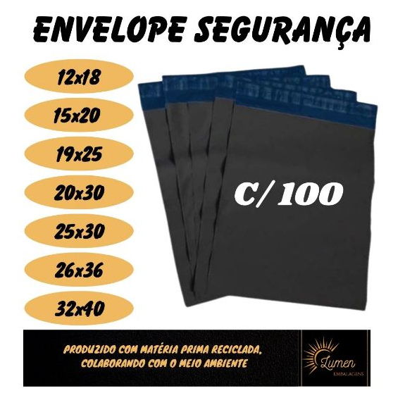 Kit 100 Envelope de Segurança Plástico Preto 12x18 / 15x20 / 19x25 / 20x30 / 25x30 / 26x36 / 30x60 / 32x40 / 37x50 Envelope Segurança, Envelope Ecommerce, Saco Ecommerce, Saco correio, Saco com lacre Inviolável