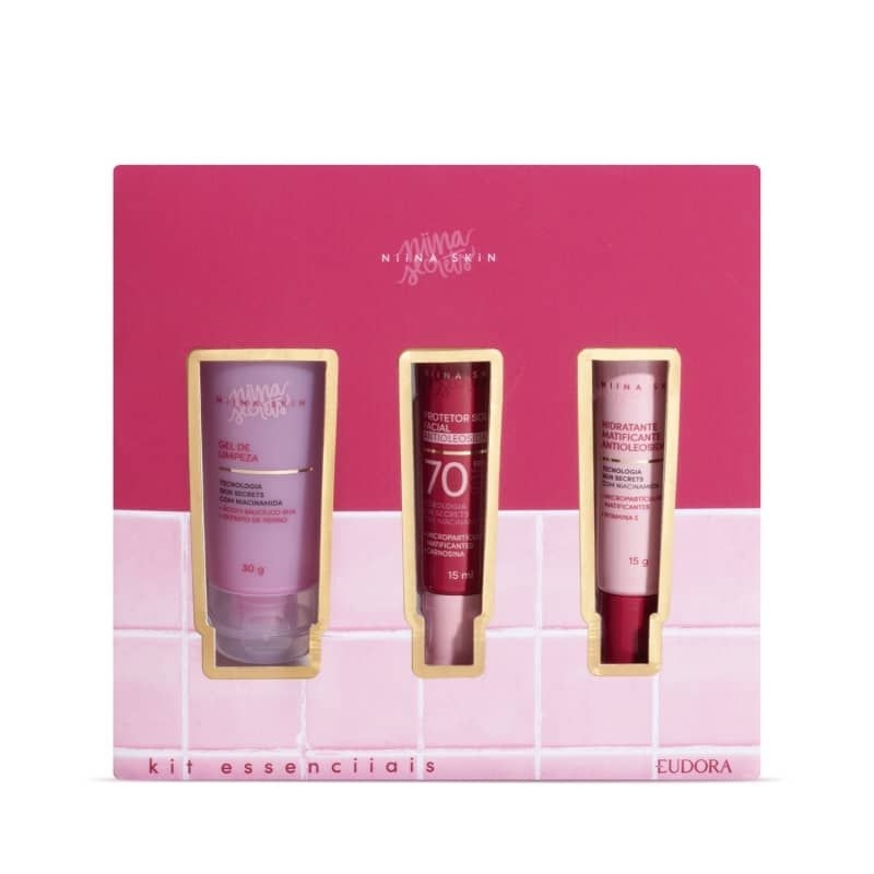 Kit Eudora Essenciiais Niina Skin Niina Secrets: Gel de Limpeza 30ml + Hidratante Matificante 15g + Protetor Solar 15ml (Lançamento)