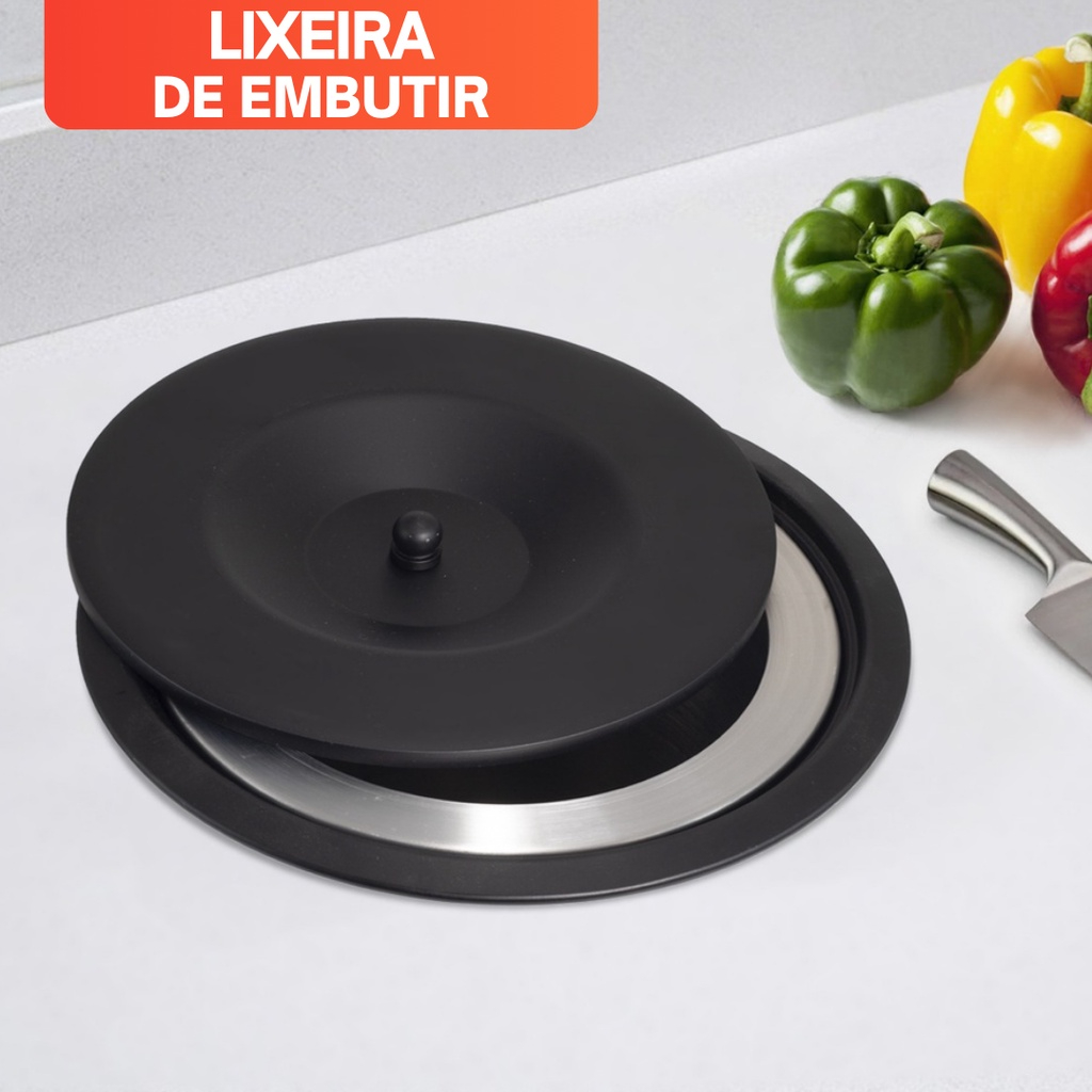 Lixeira de Embutir Pia Cozinha Granito Inox 3 litros 5 litros e 8 litros Inox Tampa Preta.