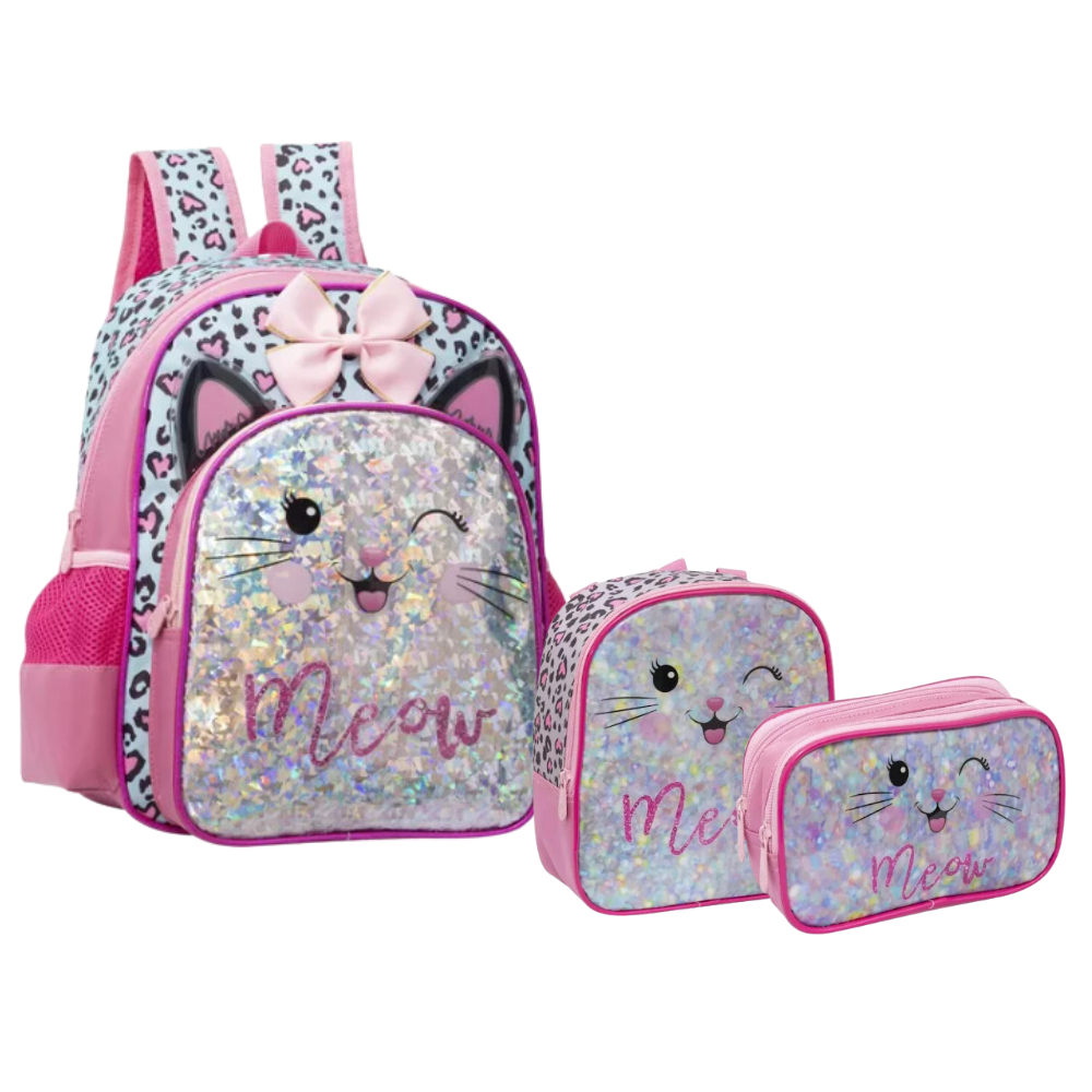 Mochila Infantil Menina Escolar Gatinha Holográfica Reforçada Kit Costas com Lancheira Térmica e Estojo Grande Pequena Creche