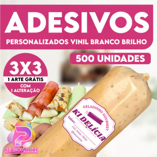500 adesivo em Vinil Brilho 3x3 personalizados a prova dágua com com corte redondo, quadrado ou especial