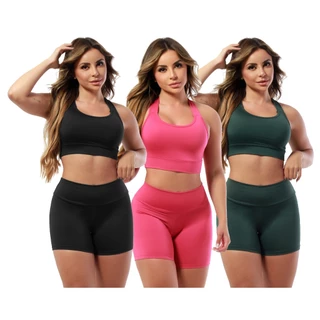 Kit 3 Conjunto de Academia Short E Top Roupas Fitness Femininas Suplex A11