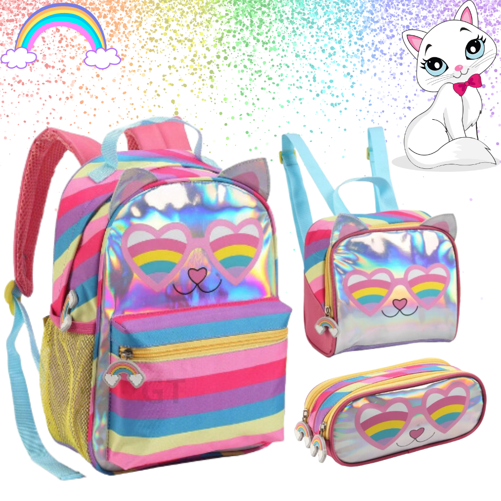 Mochila Infantil Menina Escolar Feminina Gatinha Holográfica Costas Lancheira Térmica e Estojo Tamanho P, G