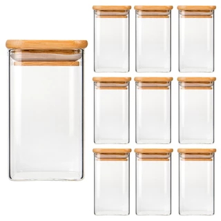 Kit 10 pote de vidro com tampa bambu herméticos 250ml Quadrado porta Tempero mantimentos jogo potes