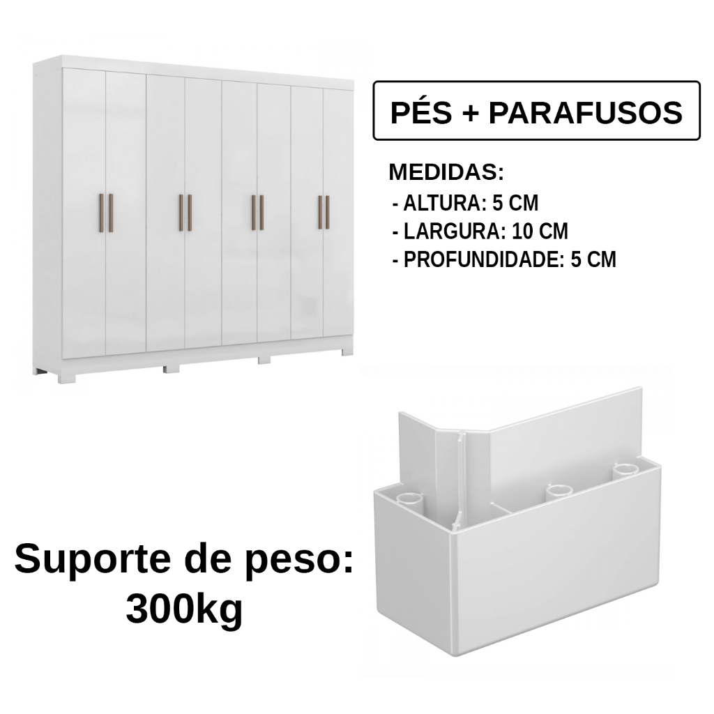 Kit com Pés para Guarda Roupa Racks Armário Móveis em ABS Branco Com 8 Unidades Maxel